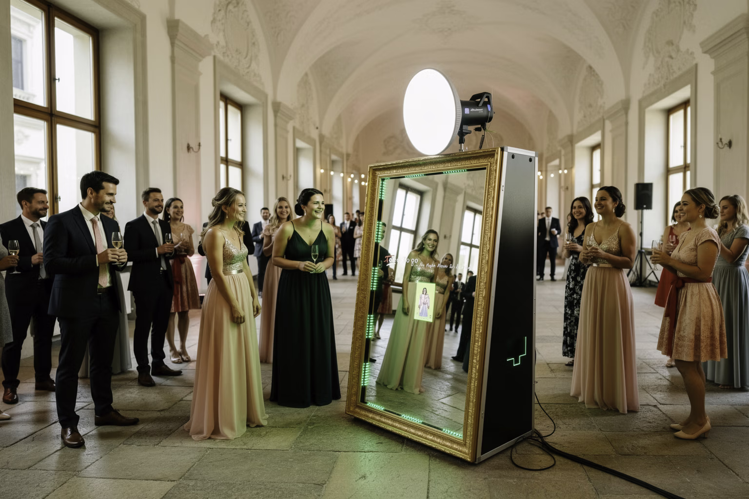 Menschengruppe in Aktion vor dem Magic Mirror Fotospiegel