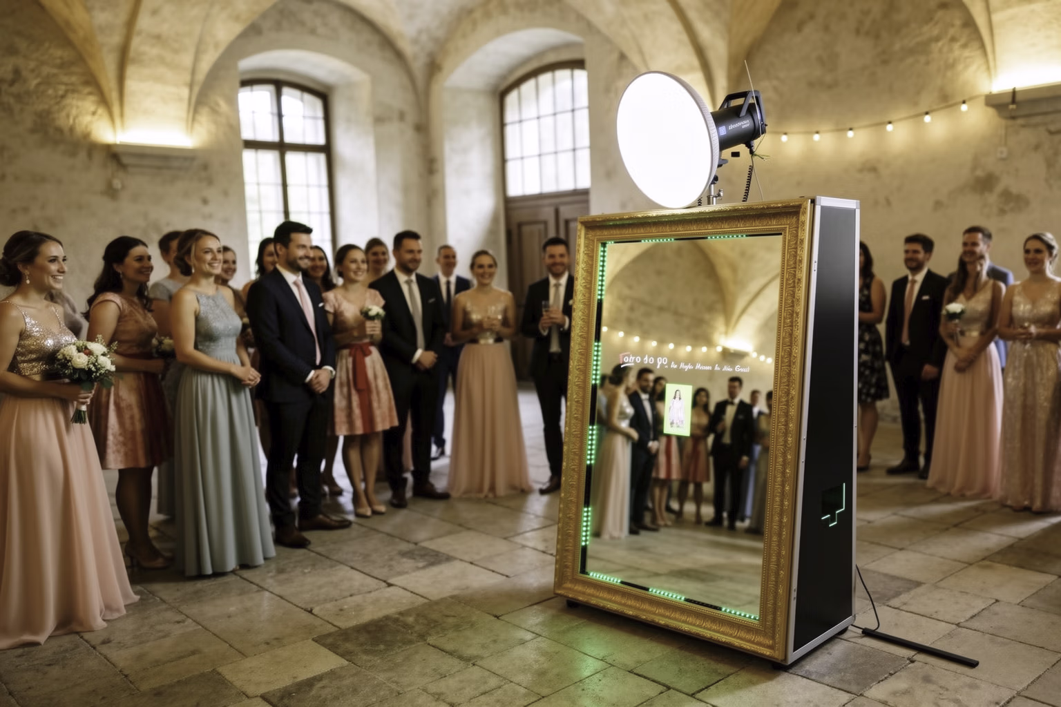 Menschengruppe in Aktion vor dem Magic Mirror Fotospiegel