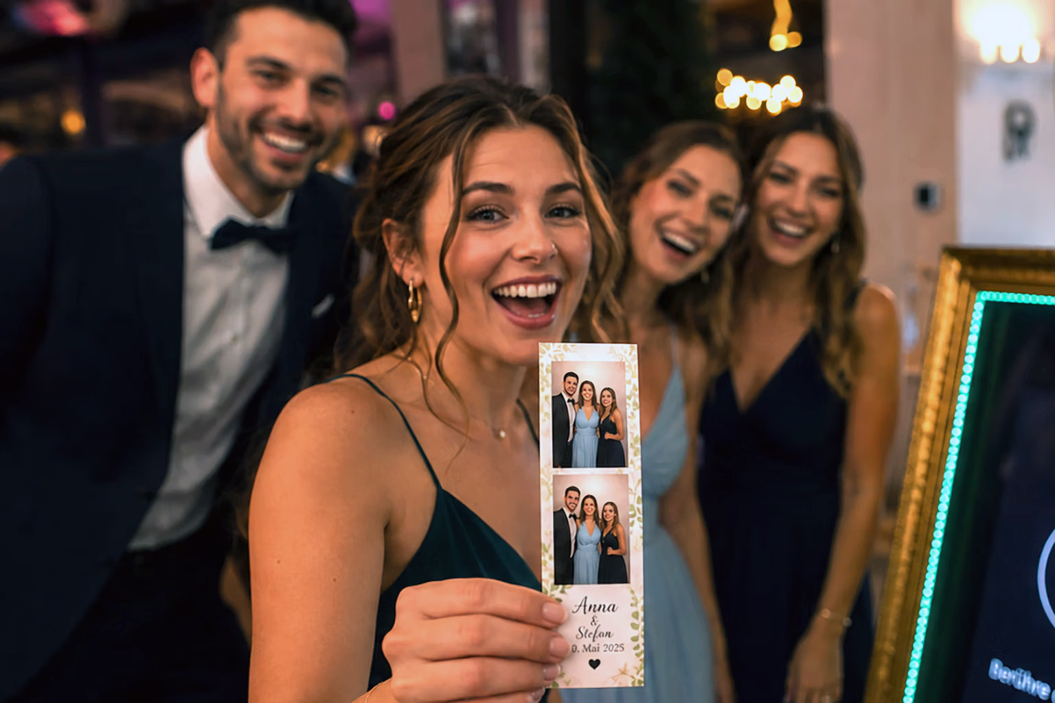 Lachende Gäste mit Sofortdruck vom Magic Mirror