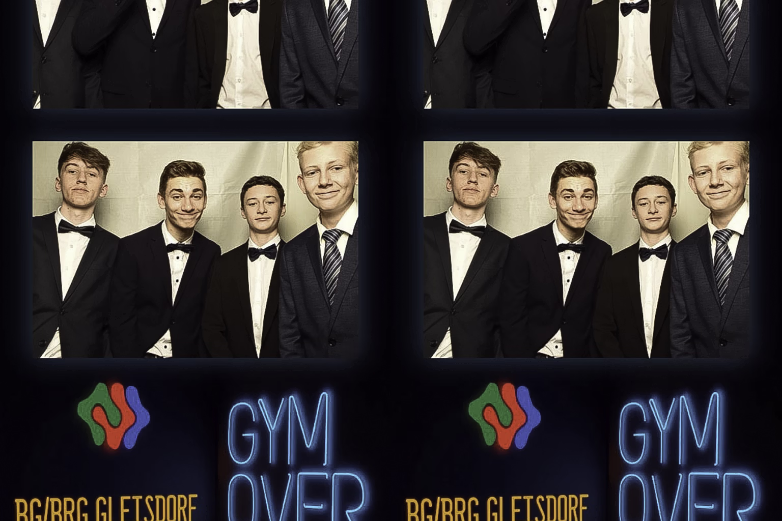 Fotofreifen mit Motto-Layout, Auschnitt von einem Foto mit 4 jungen Männern in Anzug beim Maturaball