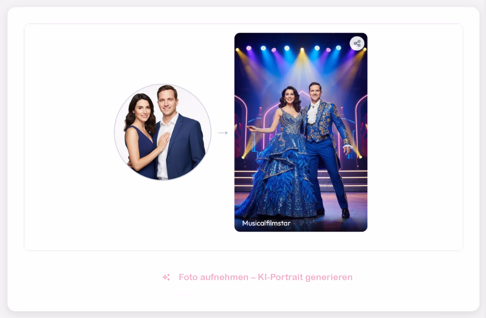 Beispiel für ein KI-Portrait: Aus einem normalen Foto eines Paares entsteht ein neu gestaltetes Motiv im Musical-Stil